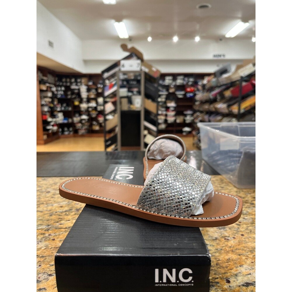 INC Women's Pelle 3 Silver Bling Slide Sandals Flat Slip On Size 5.5M